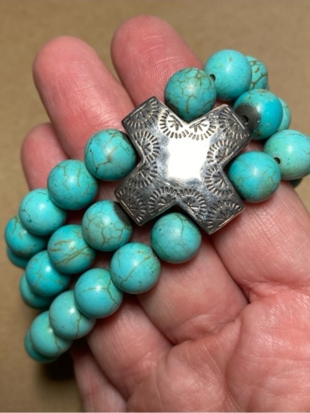 Turquoise Blue Beaded/ Sterling Beaded Cross Bracelet